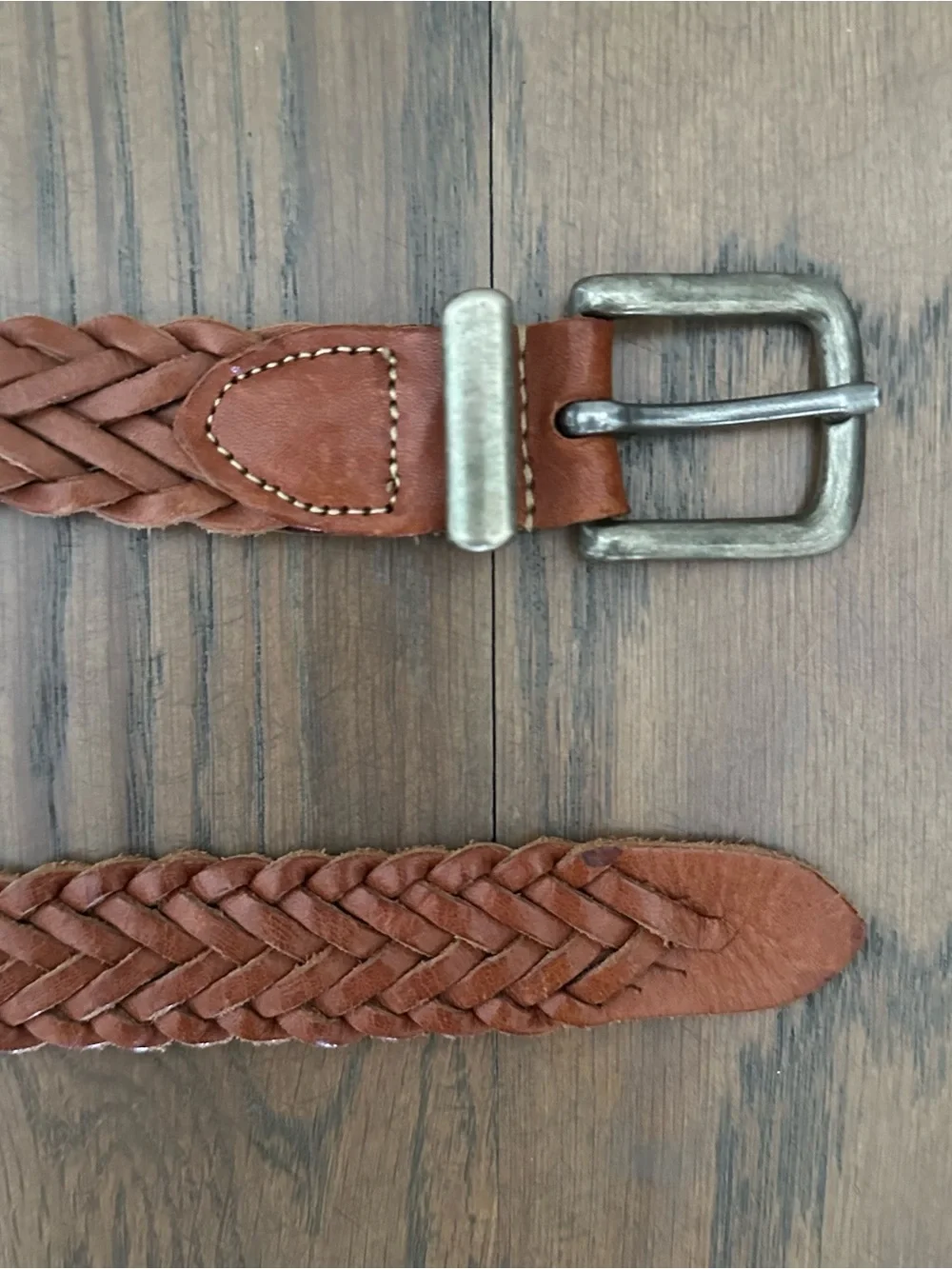 Vintage Braided Western Leather Belt with Square Buckle Medium Brown, Silver XS